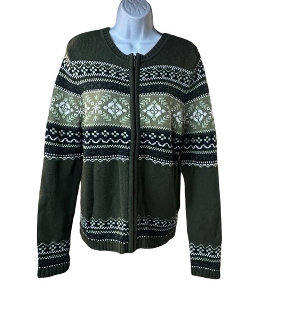 Croft & Barrow Fair Isle Cardigan Sweater Womens Small Green Zip Front Nordic